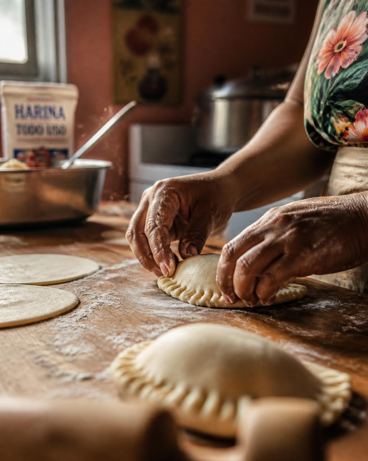 Hands crimping fresh pastelito dough on a floured counter